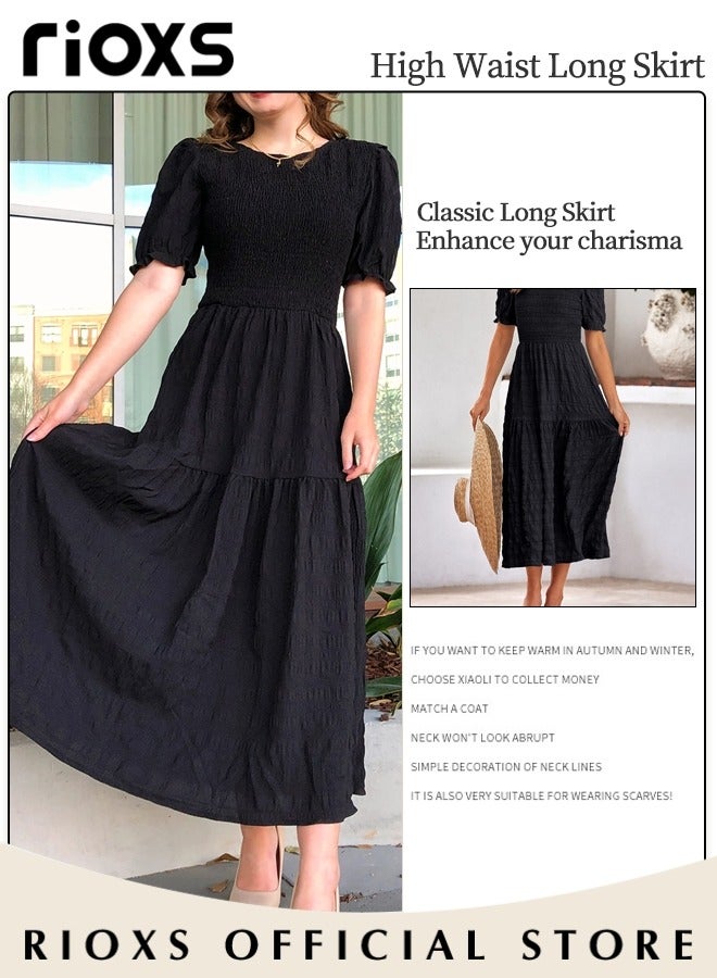 Women Casual Maxi Dress with Puff Sleeves, Flowy Elegant Dress, Chic High Waist A-line Dress, Long Dress with Flowing Layered Design and Ruffle Detail, Comfortable to Wear All Day