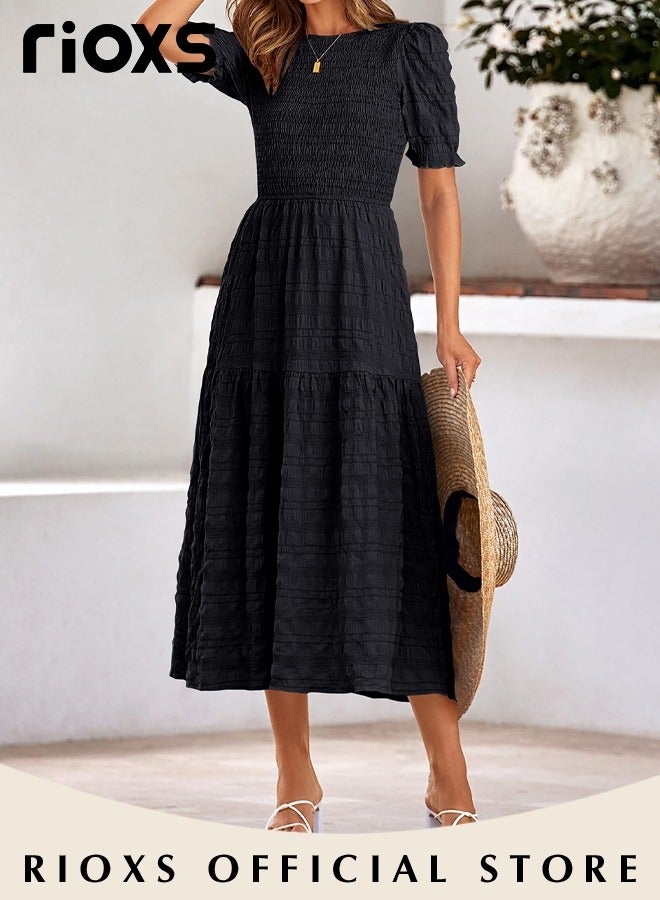 Women Casual Maxi Dress with Puff Sleeves, Flowy Elegant Dress, Chic High Waist A-line Dress, Long Dress with Flowing Layered Design and Ruffle Detail, Comfortable to Wear All Day