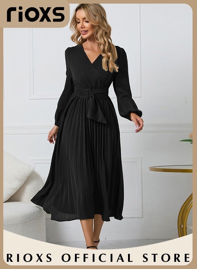 Women's Dresses,Casual Long Sleeve Maxi Dress,Ladies V-Neck Fall Dress With Belted,Relaxed Fit Flowy Maxi Dresses, A-Line Wrap Dress For Party/Wedding/Feast/Business/Daily Wear