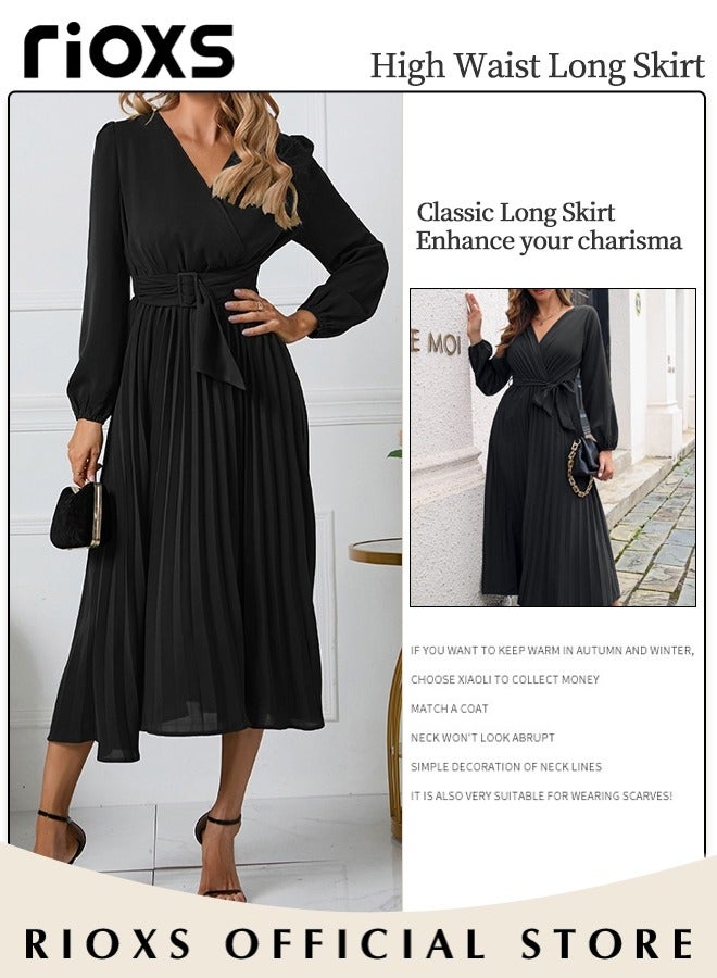 Women's Dresses,Casual Long Sleeve Maxi Dress,Ladies V-Neck Fall Dress With Belted,Relaxed Fit Flowy Maxi Dresses, A-Line Wrap Dress For Party/Wedding/Feast/Business/Daily Wear