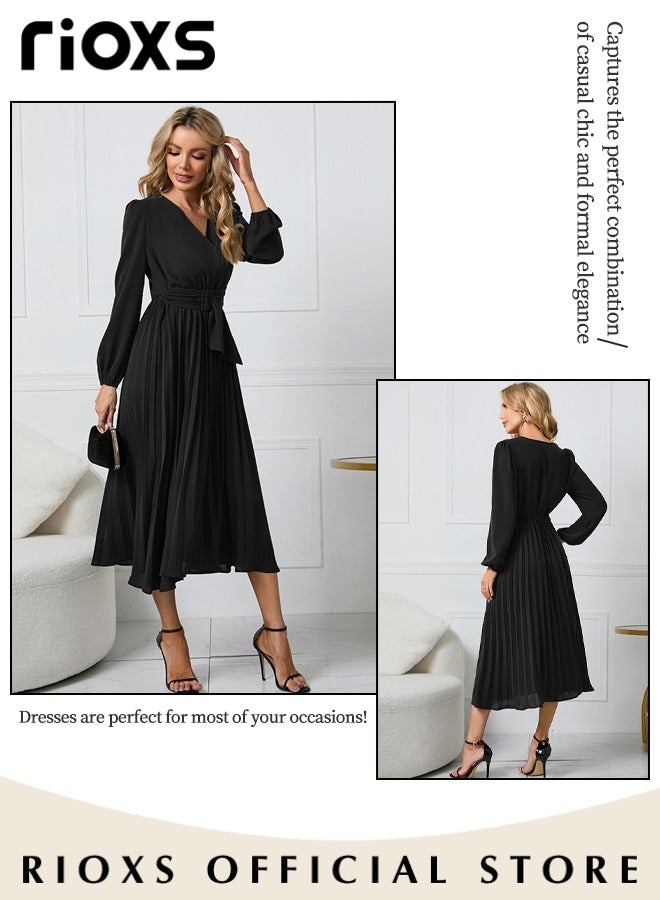 Women's Dresses,Casual Long Sleeve Maxi Dress,Ladies V-Neck Fall Dress With Belted,Relaxed Fit Flowy Maxi Dresses, A-Line Wrap Dress For Party/Wedding/Feast/Business/Daily Wear