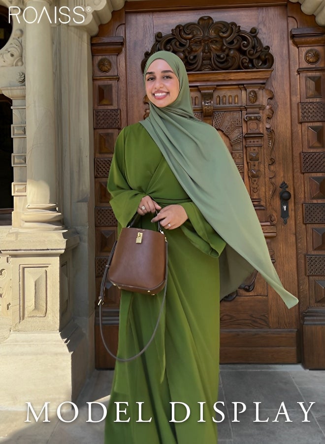 Women's Chiffon Muslim Dress Fashionable Loose Fitting Long Sleeved Banquet Dress Temperament Versatile Waist Tightening A-Line Dress