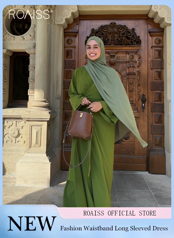 Women's Chiffon Muslim Dress Fashionable Loose Fitting Long Sleeved Banquet Dress Temperament Versatile Waist Tightening A-Line Dress