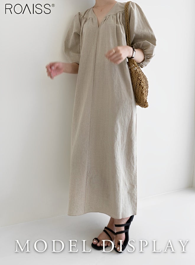 Women's Cotton And Linen Lantern Sleeved Casual Dress 1/2 Sleeve V-Neck Fashionable Loose Fitting Dress