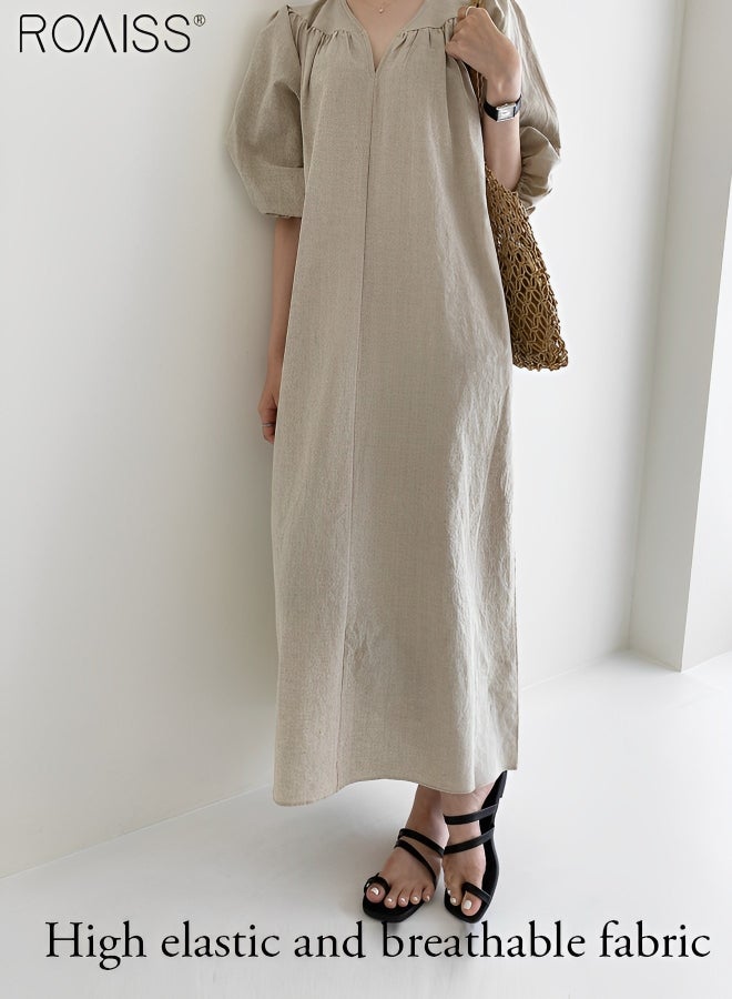 Women's Cotton And Linen Lantern Sleeved Casual Dress 1/2 Sleeve V-Neck Fashionable Loose Fitting Dress