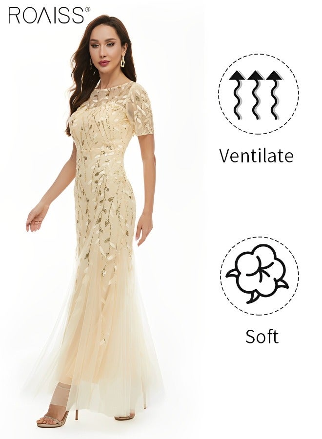 Women's Sequin Embroidered Banquet Dress Mesh Lace Patchwork Slim Fitting Dress Fish Tail Dress Short Sleeved Round Neck Bridesmaid Dress