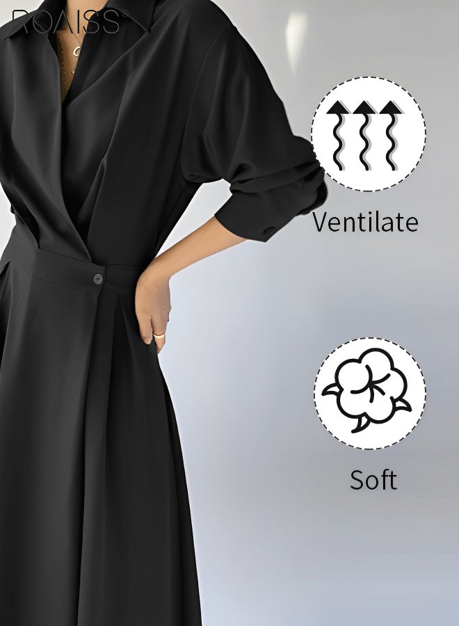 Women's Fashionable Temperament Lapel Shirt Dress Versatile Waist Tightening Short Sleeved A-Line Dress Back Waist Elastic Design Suit Dress