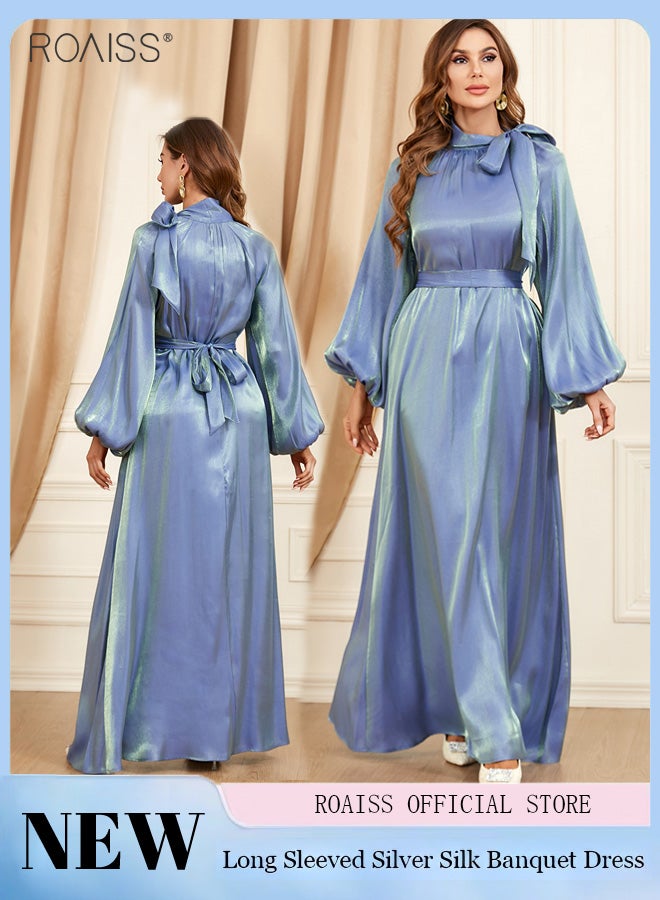 Women's Banquet Shiny Silver Silk Dress High Neck Lantern Long Sleeved Long Dress Detachable Belt Elegant Formal Dress