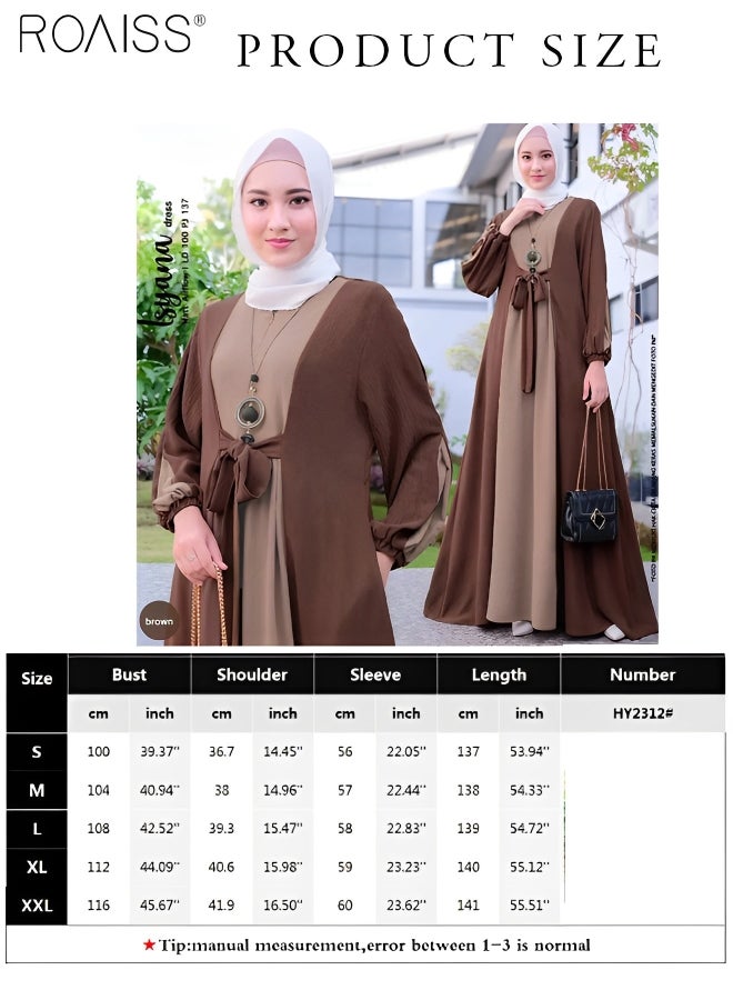 Women's Muslim Color Matching Lace Up Dress Casual Loose Fitting Long Sleeved A-Line Robe With Large Hem