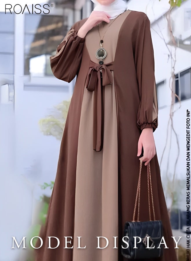 Women's Muslim Color Matching Lace Up Dress Casual Loose Fitting Long Sleeved A-Line Robe With Large Hem