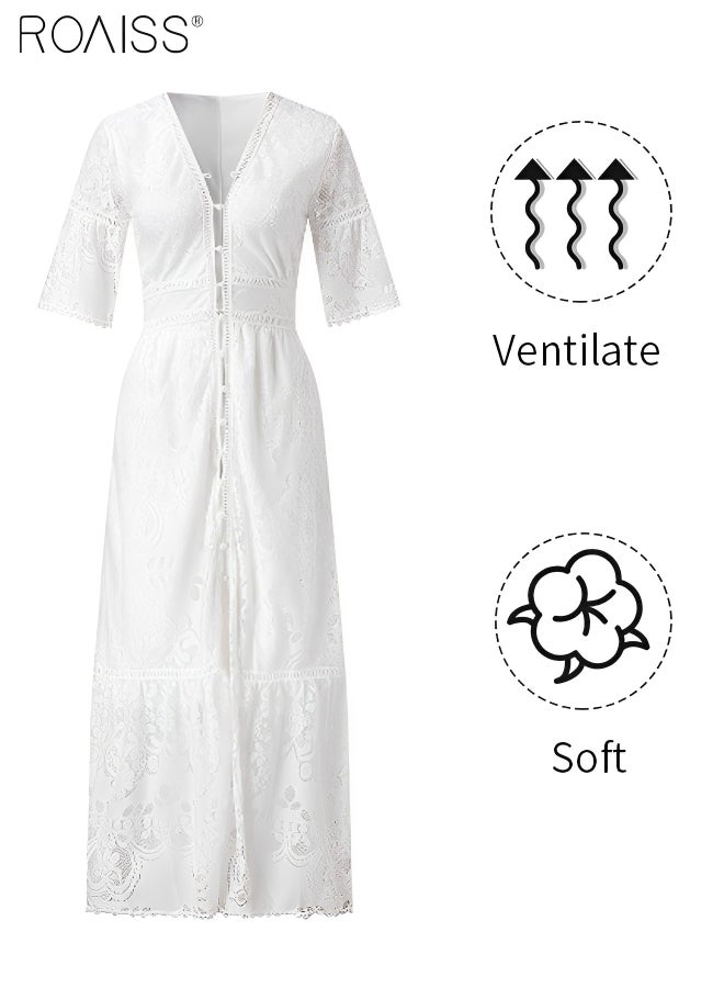 Women's Lace Hollow Vacation Dress Single Breasted V-Neck Ruffled Waist A-Line Dress Gentle And Sweet Beach Dress