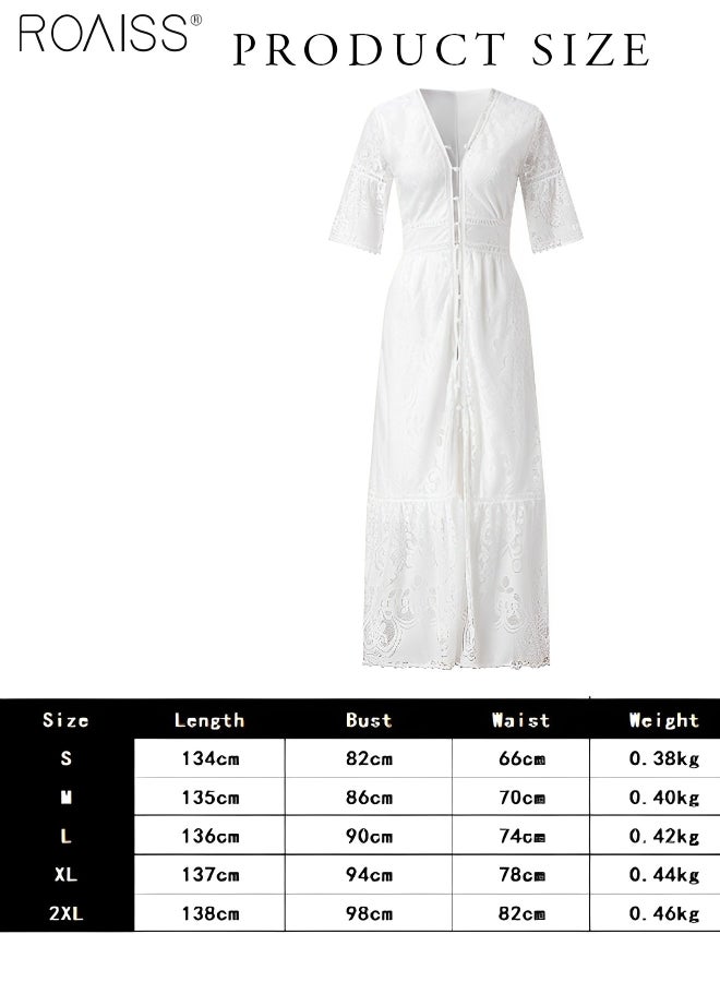 Women's Lace Hollow Vacation Dress Single Breasted V-Neck Ruffled Waist A-Line Dress Gentle And Sweet Beach Dress