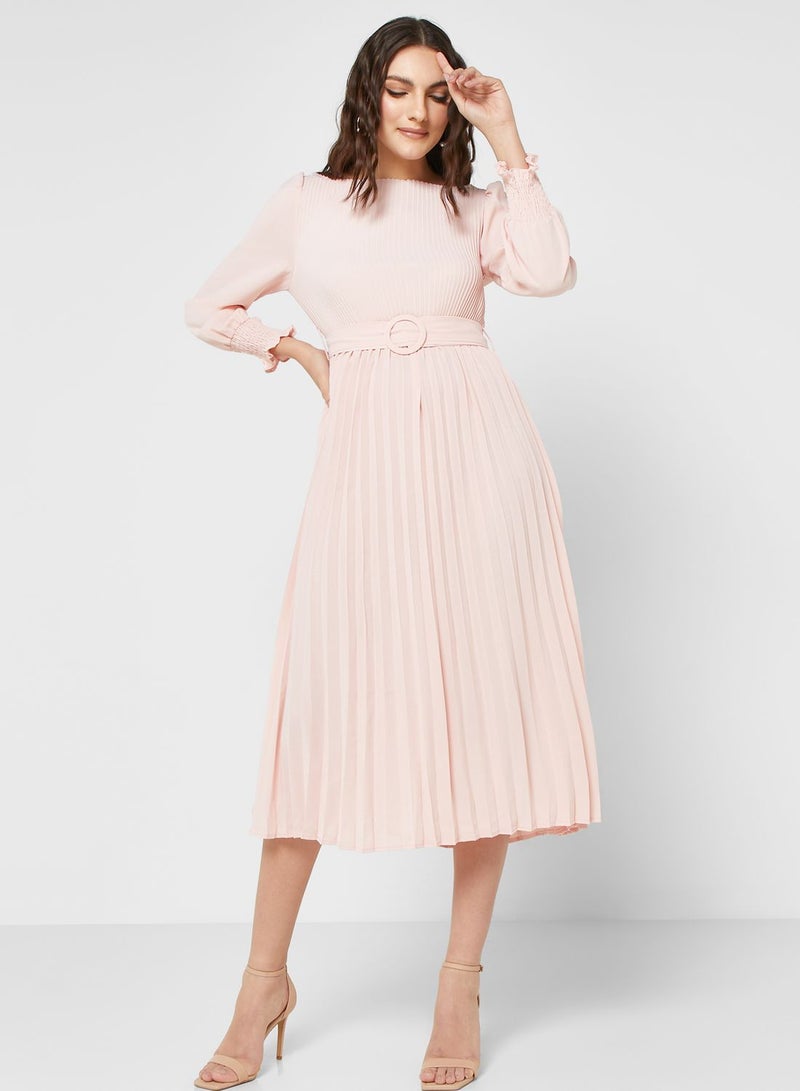 Belted Pleat Detail Dress