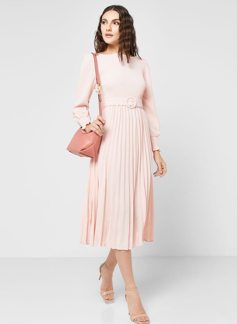 Belted Pleat Detail Dress