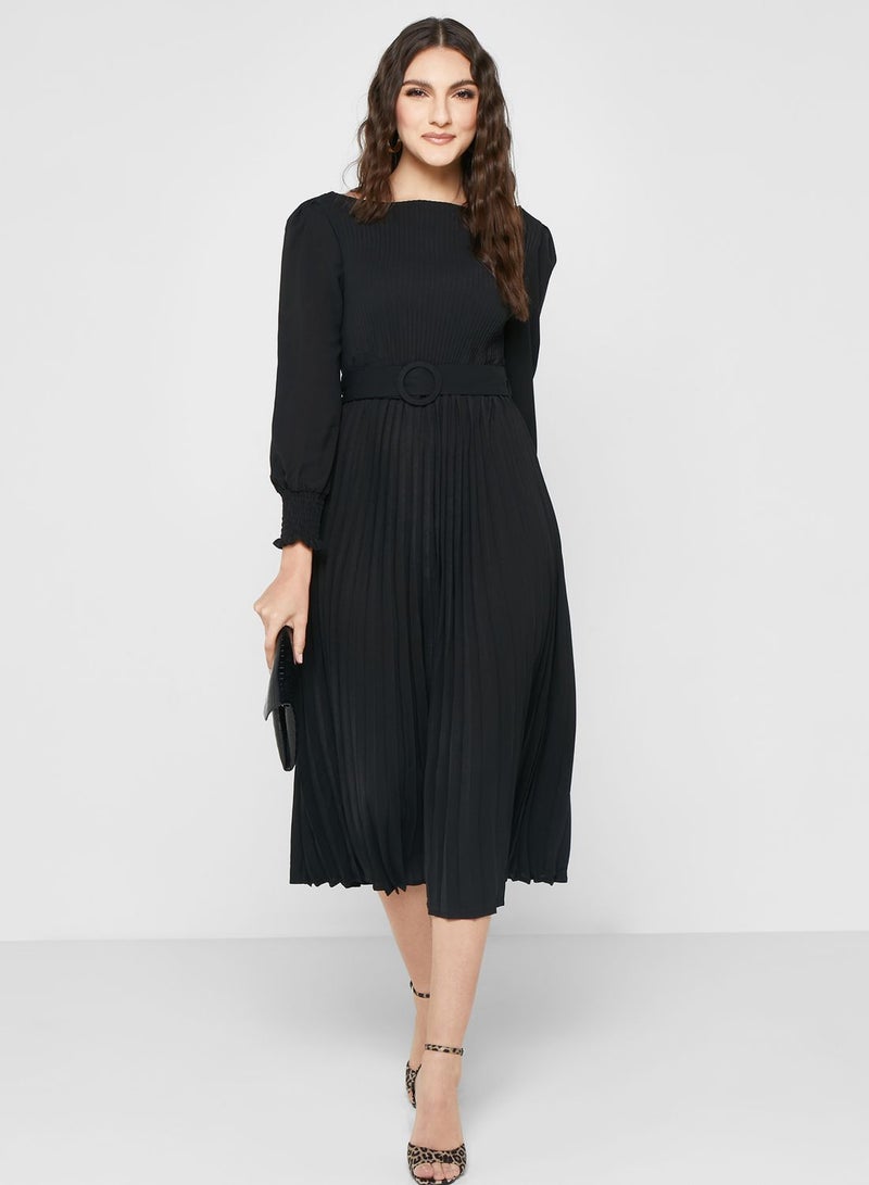 Belted Pleat Detail Dress