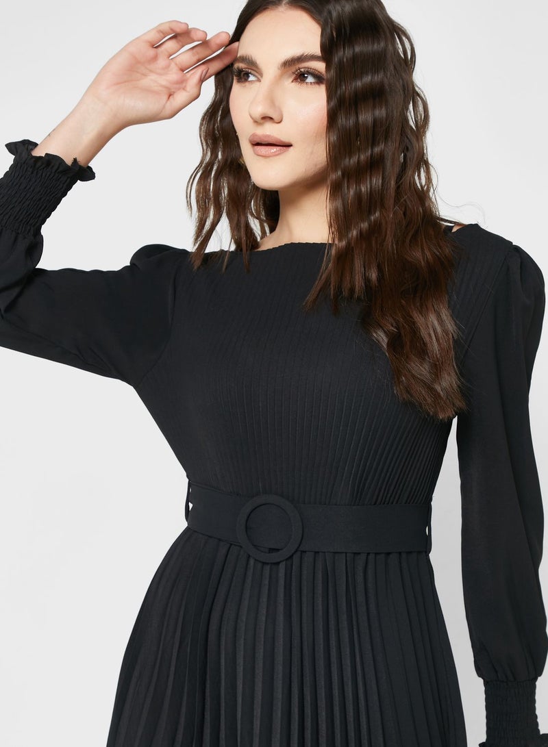 Belted Pleat Detail Dress