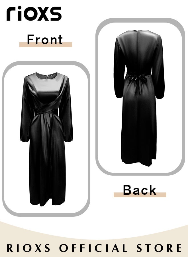 Women's Satin Maxi Dress, Classic Chic Round-neck Dress with Crossover Strap Design at the Waist, Zipper on the Back and Lantern Sleeves, Fashionable Soft High Waist Long Dress, Perfect Dress for Casual, Wedding, Party and Daily Life