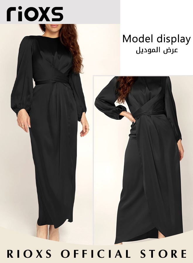 Women's Satin Maxi Dress, Classic Chic Round-neck Dress with Crossover Strap Design at the Waist, Zipper on the Back and Lantern Sleeves, Fashionable Soft High Waist Long Dress, Perfect Dress for Casual, Wedding, Party and Daily Life