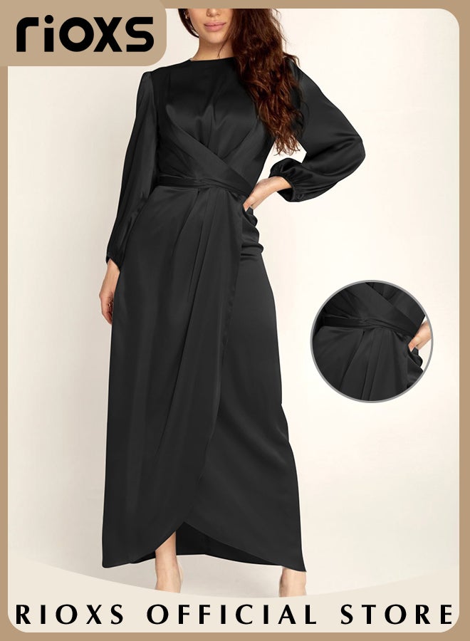 Women's Satin Maxi Dress, Classic Chic Round-neck Dress with Crossover Strap Design at the Waist, Zipper on the Back and Lantern Sleeves, Fashionable Soft High Waist Long Dress, Perfect Dress for Casual, Wedding, Party and Daily Life