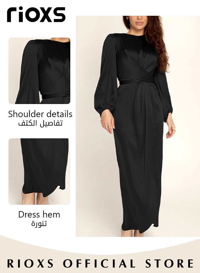 Women's Satin Maxi Dress, Classic Chic Round-neck Dress with Crossover Strap Design at the Waist, Zipper on the Back and Lantern Sleeves, Fashionable Soft High Waist Long Dress, Perfect Dress for Casual, Wedding, Party and Daily Life