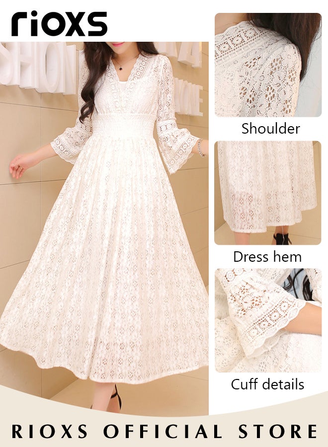 Women's V-neck Lace Slim Maxi Dress Long Flared Sleeve Party Dress Casual Beach Dress Princess Dress