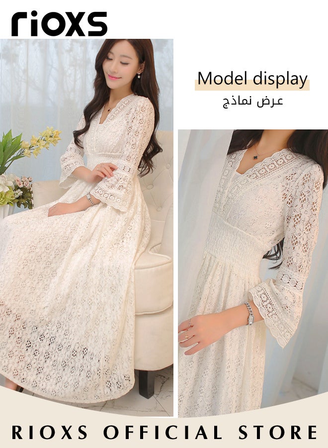 Women's V-neck Lace Slim Maxi Dress Long Flared Sleeve Party Dress Casual Beach Dress Princess Dress