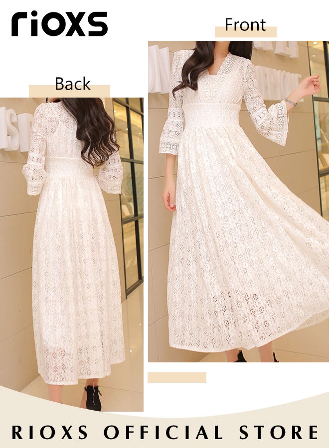 Women's V-neck Lace Slim Maxi Dress Long Flared Sleeve Party Dress Casual Beach Dress Princess Dress