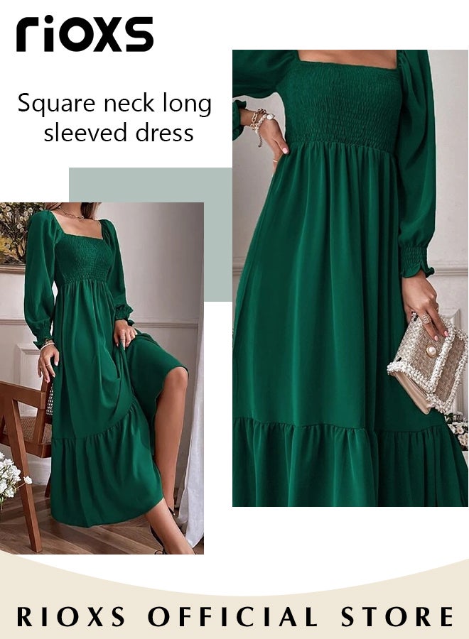 Women's Square Neck Maxi Dress, French-style A-line Dress with Exquisite Design, Fashionable High Waist Ruffle Dress with Long Lantern Sleeves, Perfect for Daily Wear, Parties, Weddings and other Occasions