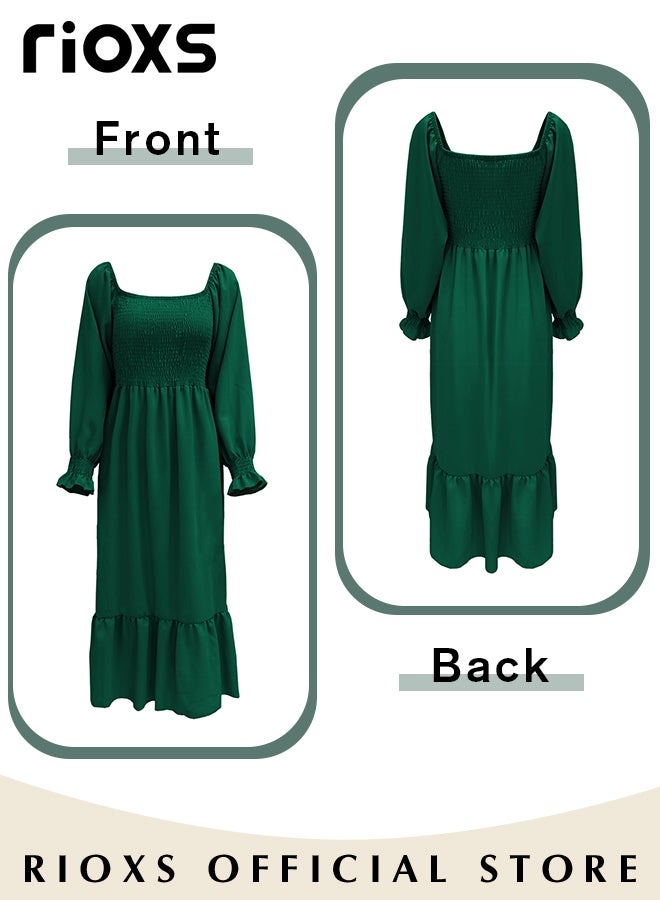 Women's Square Neck Maxi Dress, French-style A-line Dress with Exquisite Design, Fashionable High Waist Ruffle Dress with Long Lantern Sleeves, Perfect for Daily Wear, Parties, Weddings and other Occasions