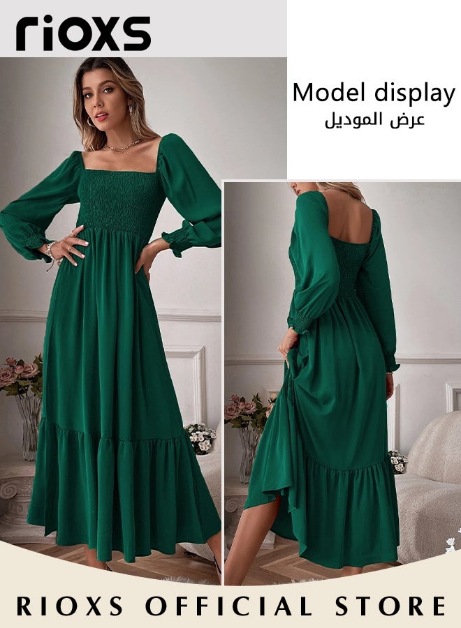 Women's Square Neck Maxi Dress, French-style A-line Dress with Exquisite Design, Fashionable High Waist Ruffle Dress with Long Lantern Sleeves, Perfect for Daily Wear, Parties, Weddings and other Occasions