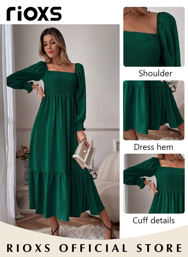 Women's Square Neck Maxi Dress, French-style A-line Dress with Exquisite Design, Fashionable High Waist Ruffle Dress with Long Lantern Sleeves, Perfect for Daily Wear, Parties, Weddings and other Occasions