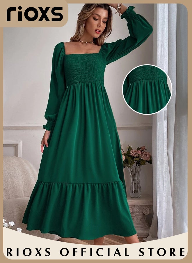 Women's Square Neck Maxi Dress, French-style A-line Dress with Exquisite Design, Fashionable High Waist Ruffle Dress with Long Lantern Sleeves, Perfect for Daily Wear, Parties, Weddings and other Occasions