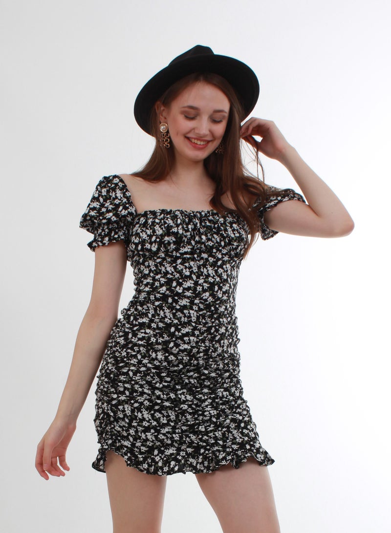 Floral Print Mini Dress Black Pattern