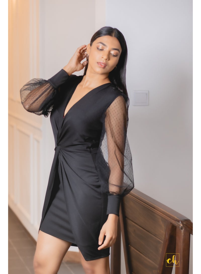 Front Twist Figure Hugging Bodycon Dress with Illusion Sleeves