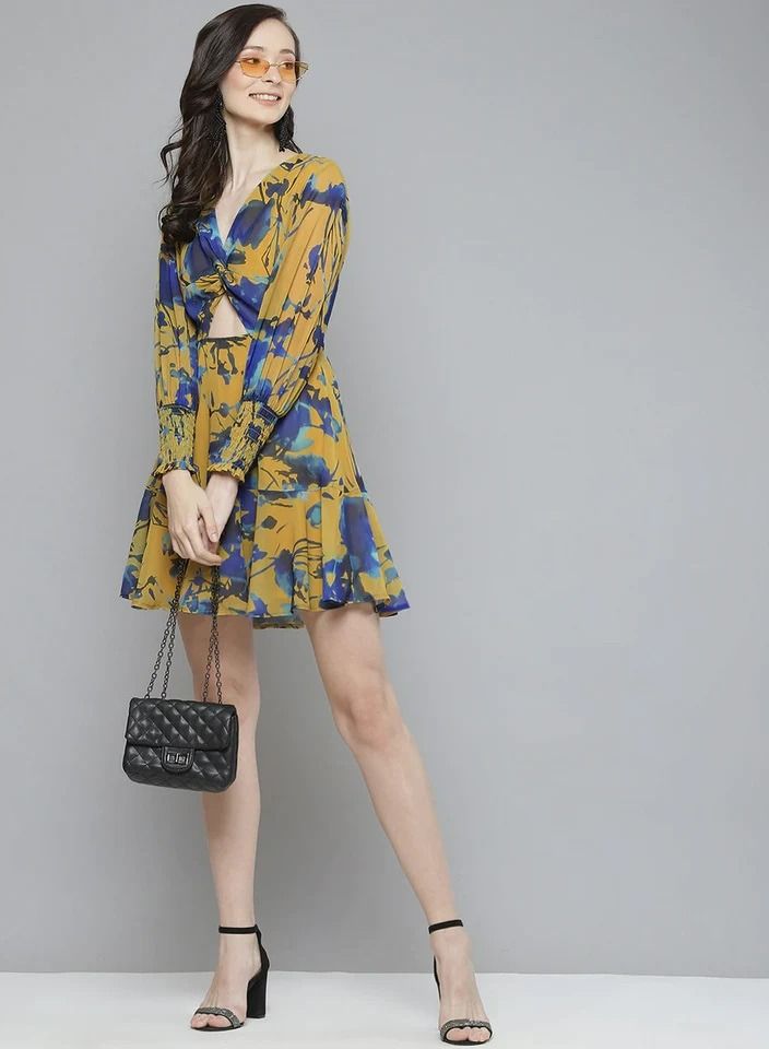 Mustard & Blue Floral Front Knot Short Dress