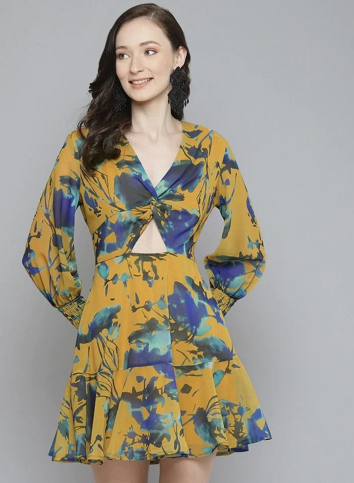 Mustard & Blue Floral Front Knot Short Dress