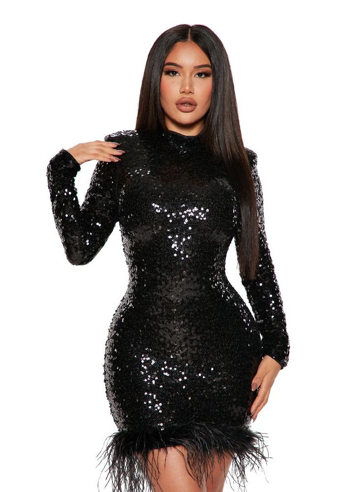 Women's Fashion New Bag Hip Skirt Round Neck Sequin Feather Long-sleeved Dress