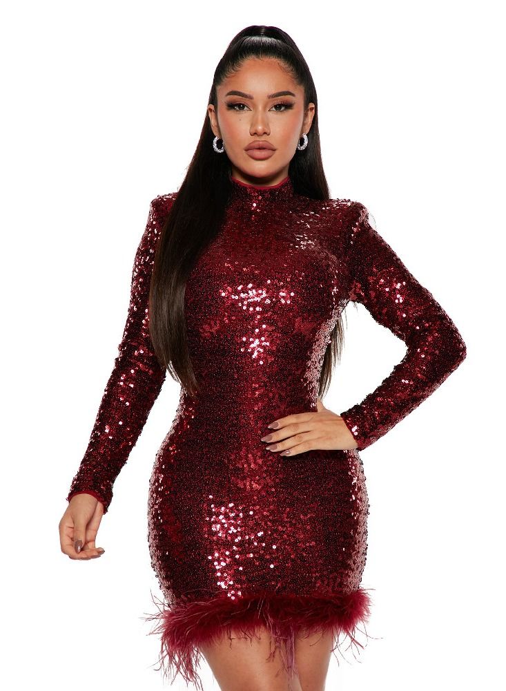 Women's Fashion New Bag Hip Skirt Round Neck Sequin Feather Long-sleeved Dress