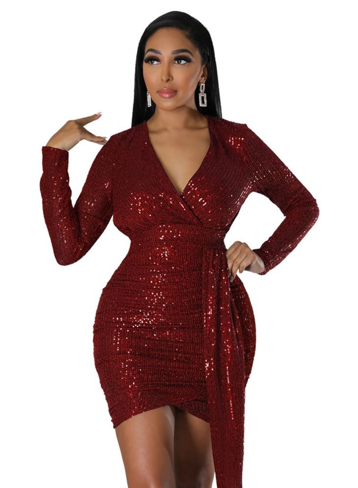 Women's New Bag Hip Skirt Deep V Sequin Long-sleeved Dress