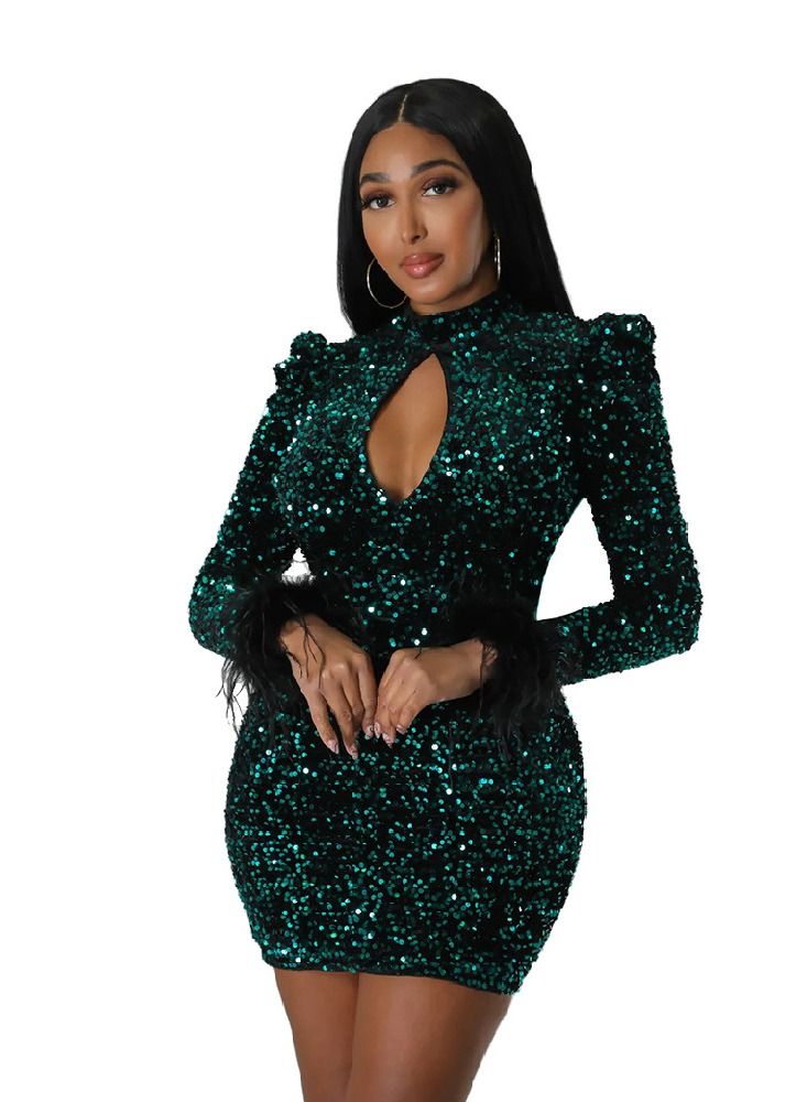 Women's Fashion Foreign Trade Hollowed Out Sequin Long-sleeved Dress