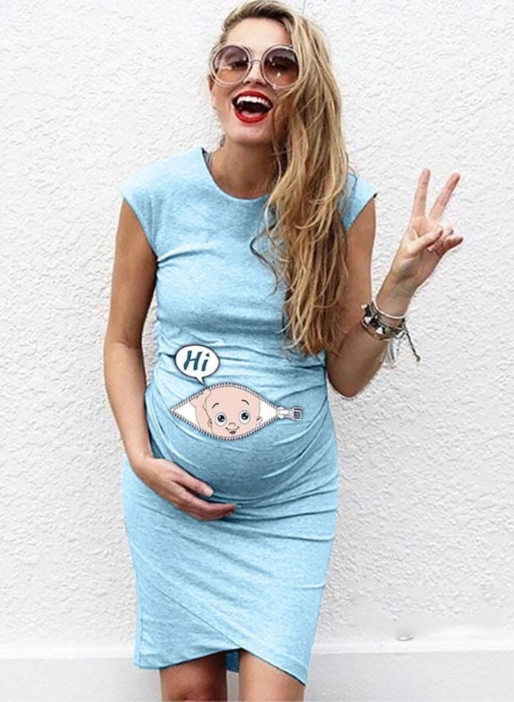 Cartoon Printed Maternity Dress Light Blue