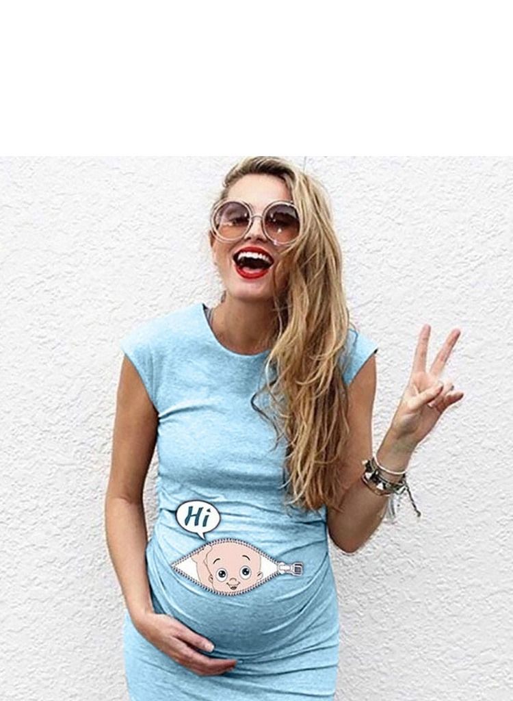 Cartoon Printed Maternity Dress Light Blue