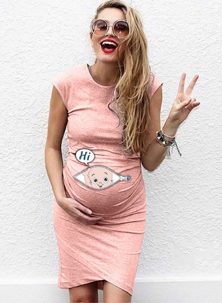 Cartoon Printed Maternity Dress Pink