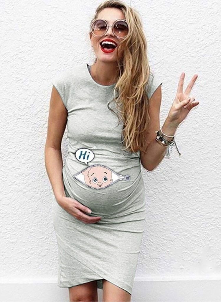 Cartoon Printed Maternity Dress Grey