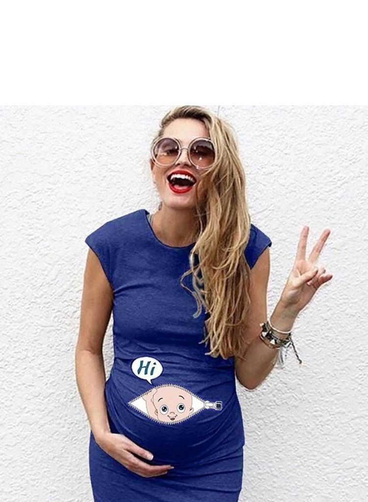 Cartoon Printed Maternity Dress Blue
