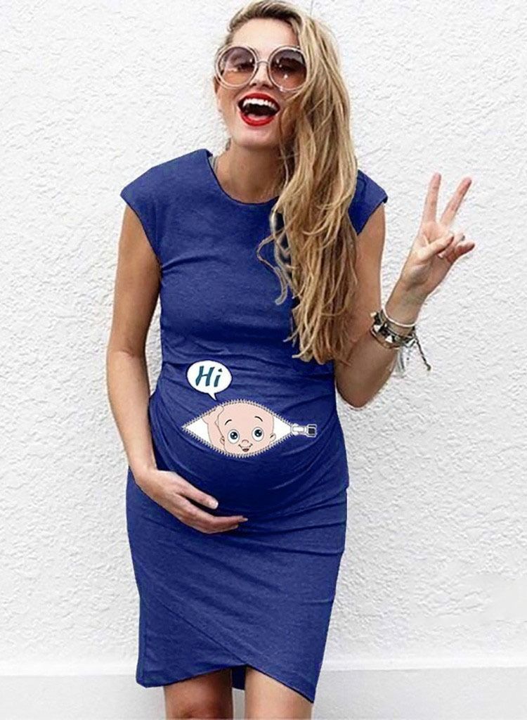 Cartoon Printed Maternity Dress Blue