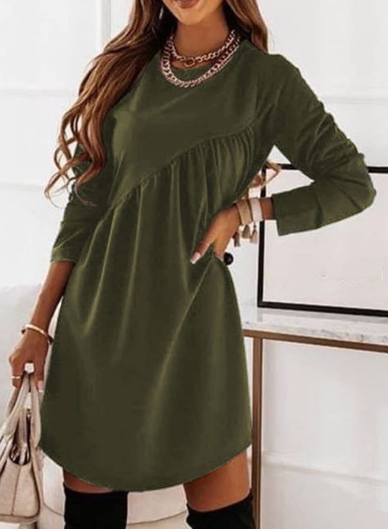 Women's New Solid Color Long Sleeved Irregular Round Neck Dress
