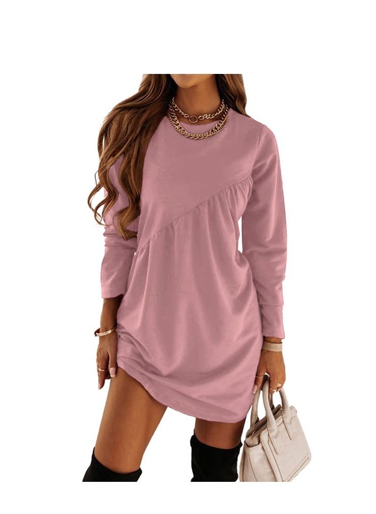 Women's New Solid Color Long Sleeved Irregular Round Neck Dress