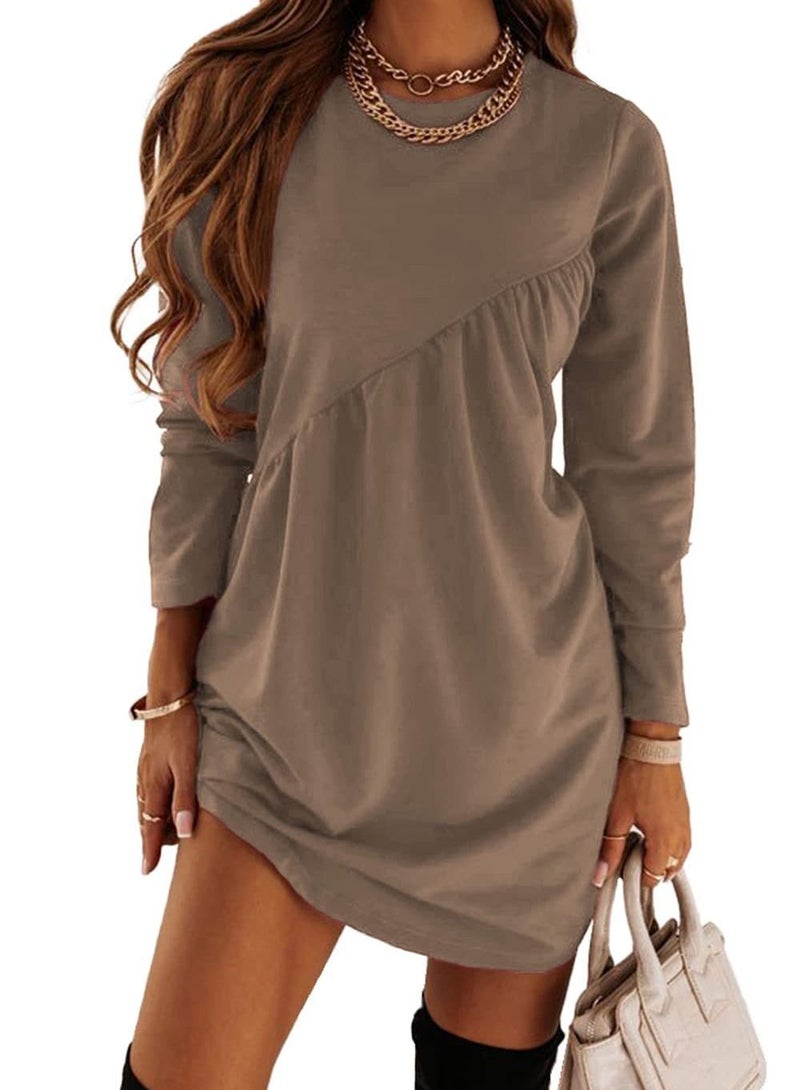 Women's New Solid Color Long Sleeved Irregular Round Neck Dress