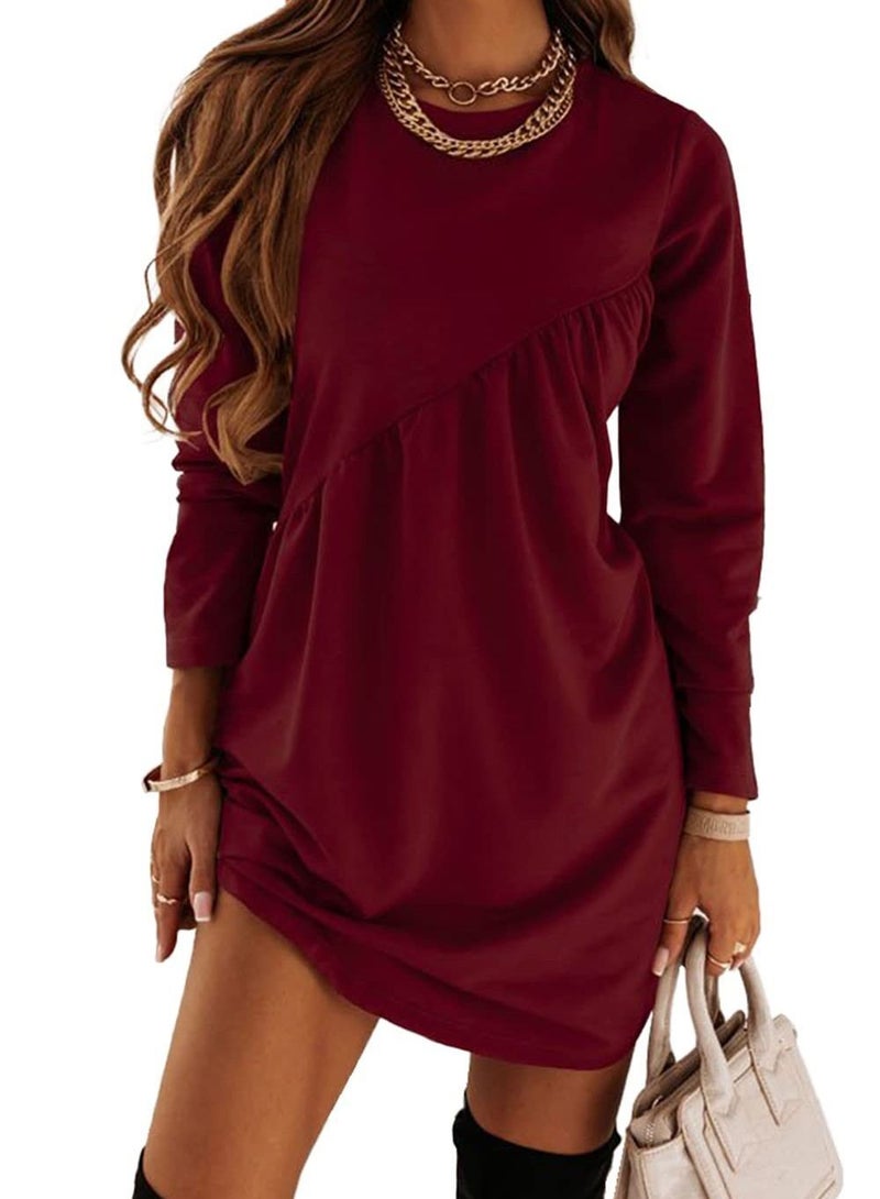 Women's New Solid Color Long Sleeved Irregular Round Neck Dress